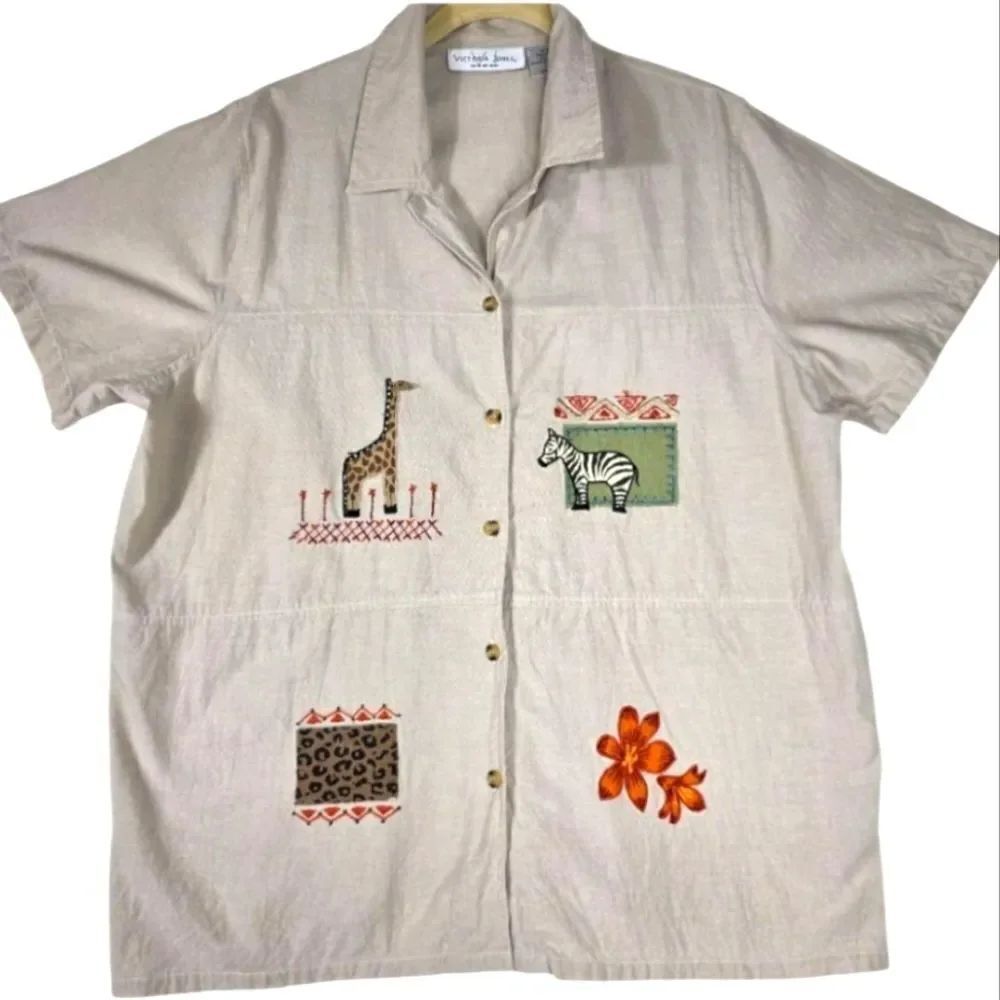 Victoria Jones Woman Safari Embroidered Cotton Shirt Blouse 1X